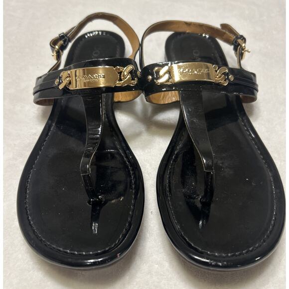 COACH Sandals Flats 9 B Caterine Black Patent Leather T-Strap Thong Sling Back - Picture 1 of 9